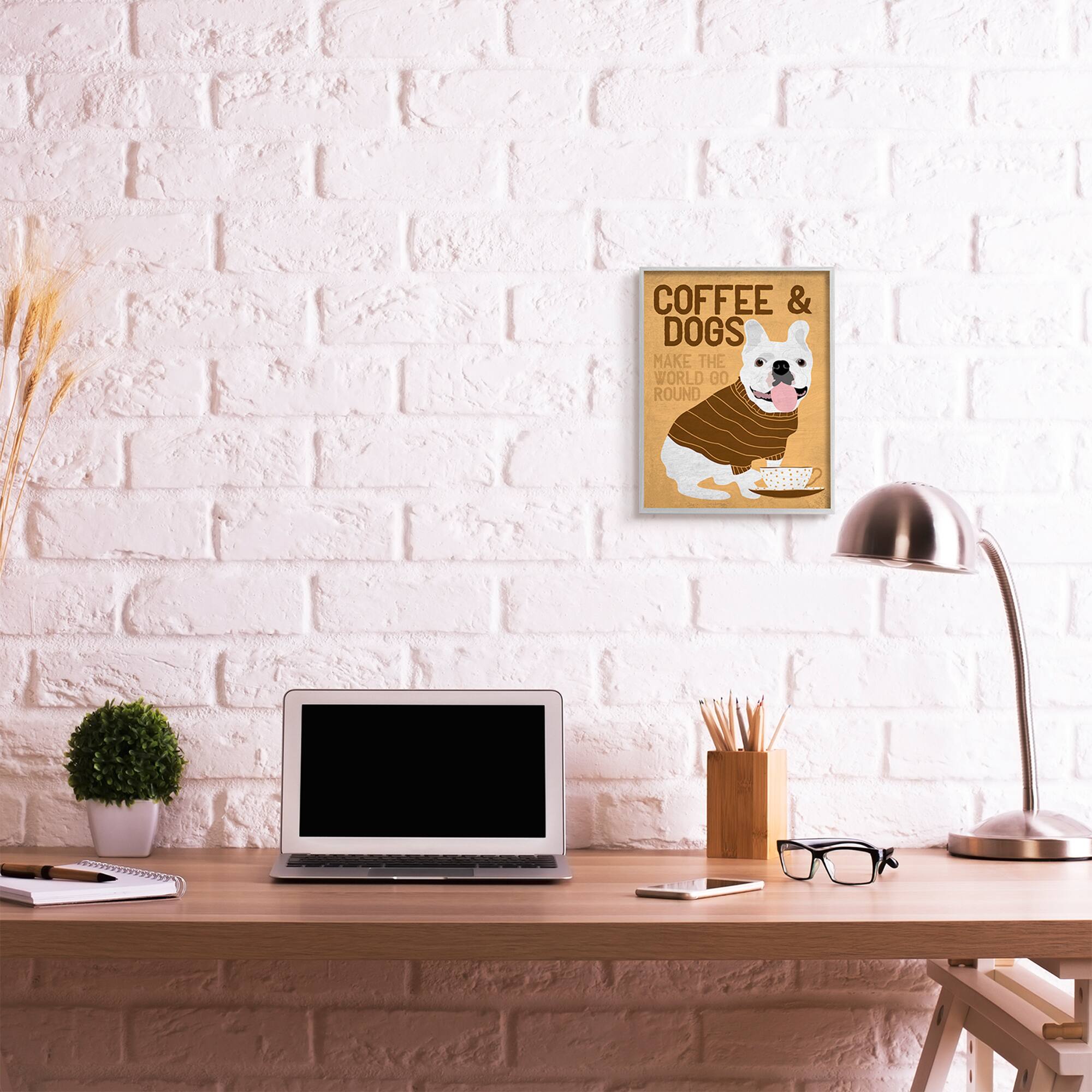 Stupell Industries Coffee and Dogs Phrase French Bulldog Café Pet in Gray Frame Wall Art